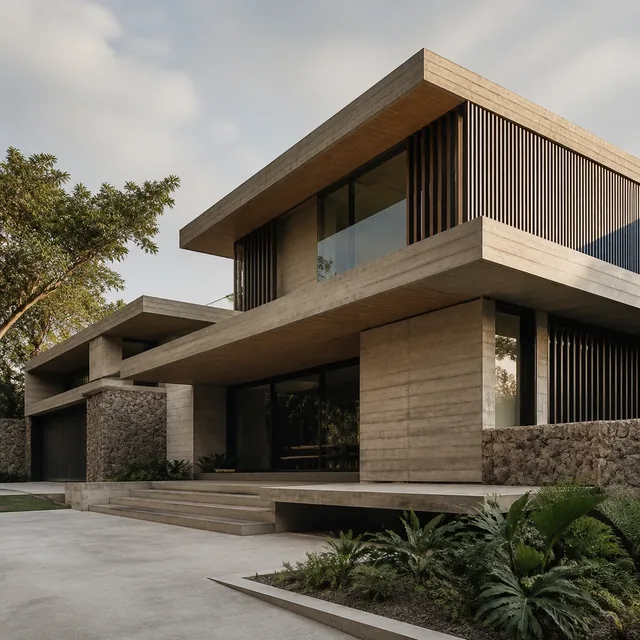 Vivienda contemporánea construida en concreto, piedra y madera